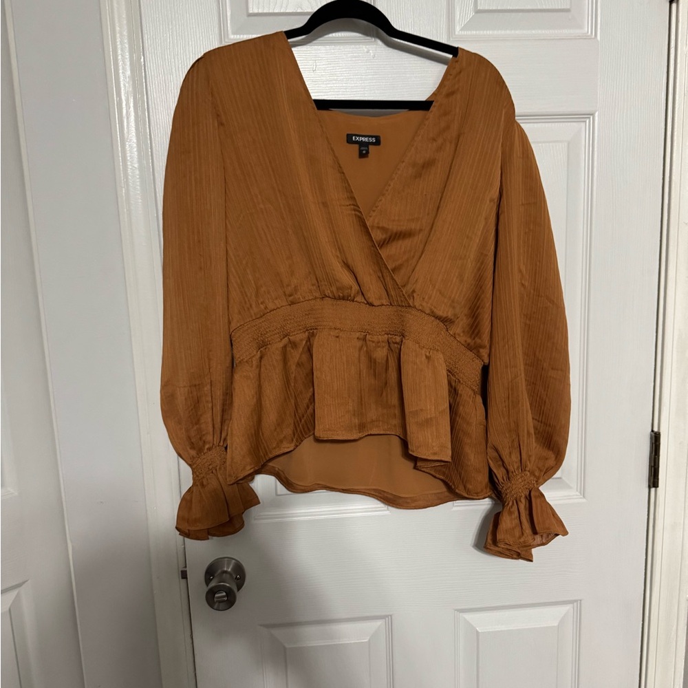 Express Brown Puff Sleeve Wrap Peplum Blouse